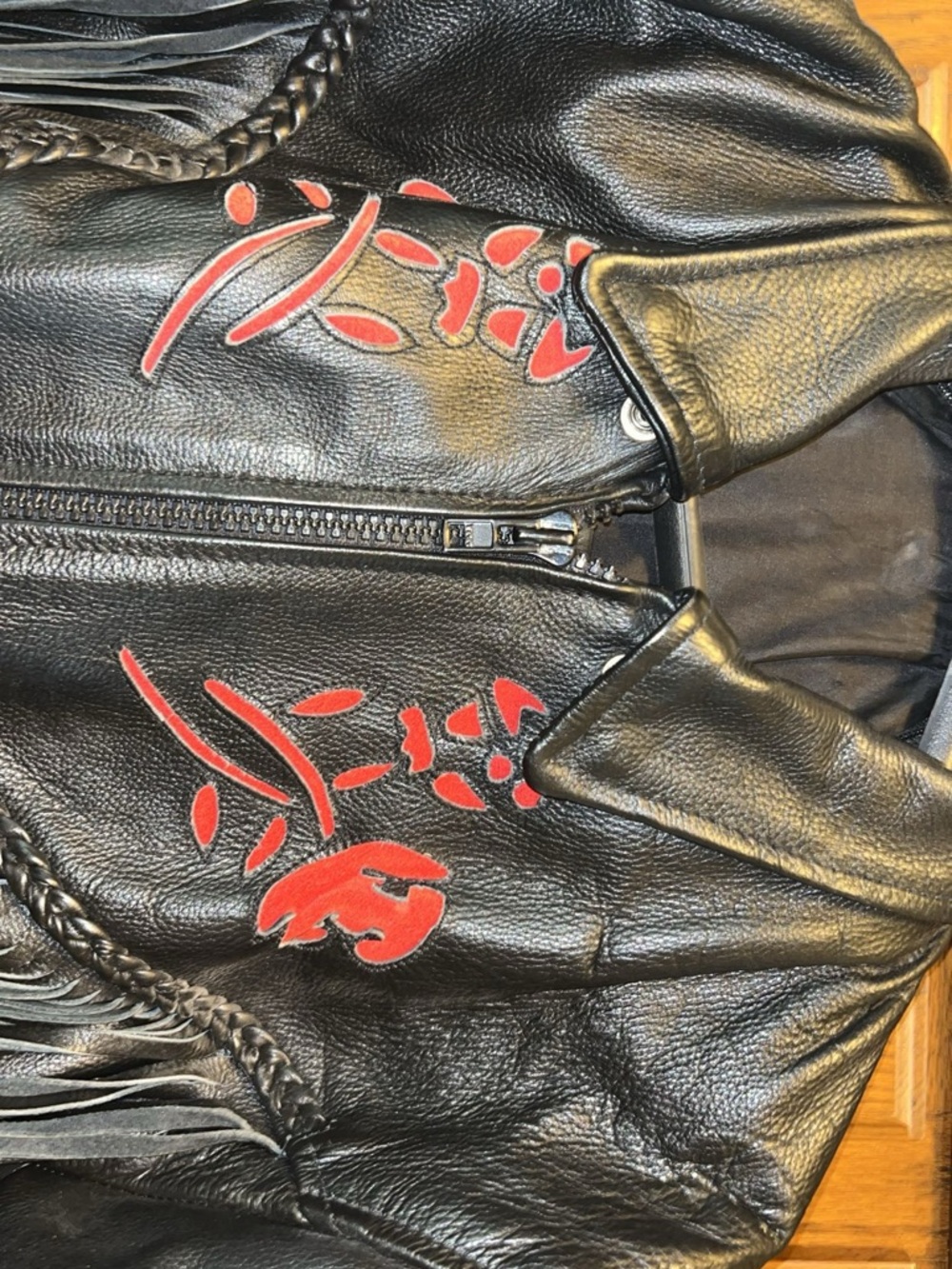 Black Leather Fringe Jacket with Red Floral Appliqué